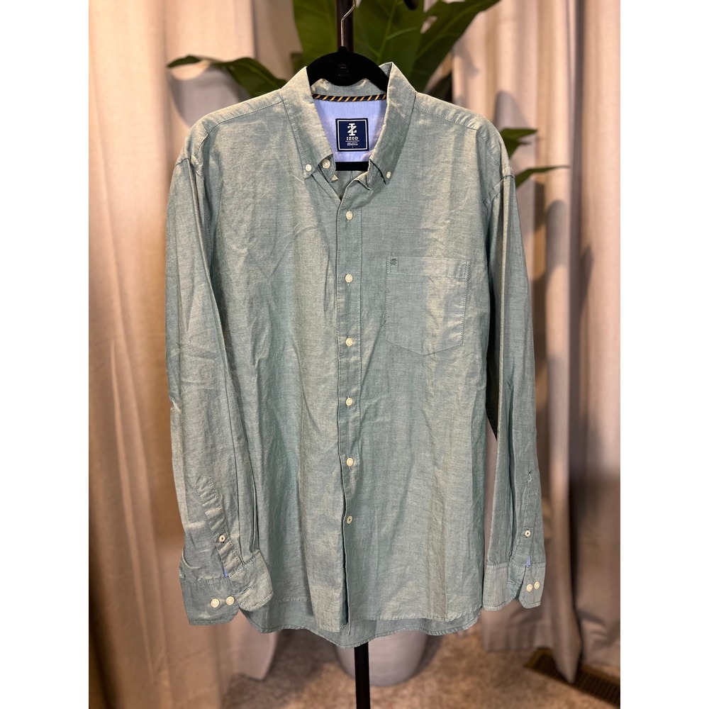 IZOD Sage Green Linen Blend Long Sleeve Button Down Shirt Size L